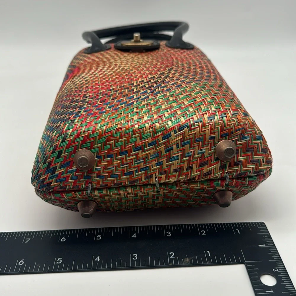 Vintage 70s Red Natural Straw Palm Leaf Rattan Rare Colorful Handbag Purse Bag - Picture 14 of 15